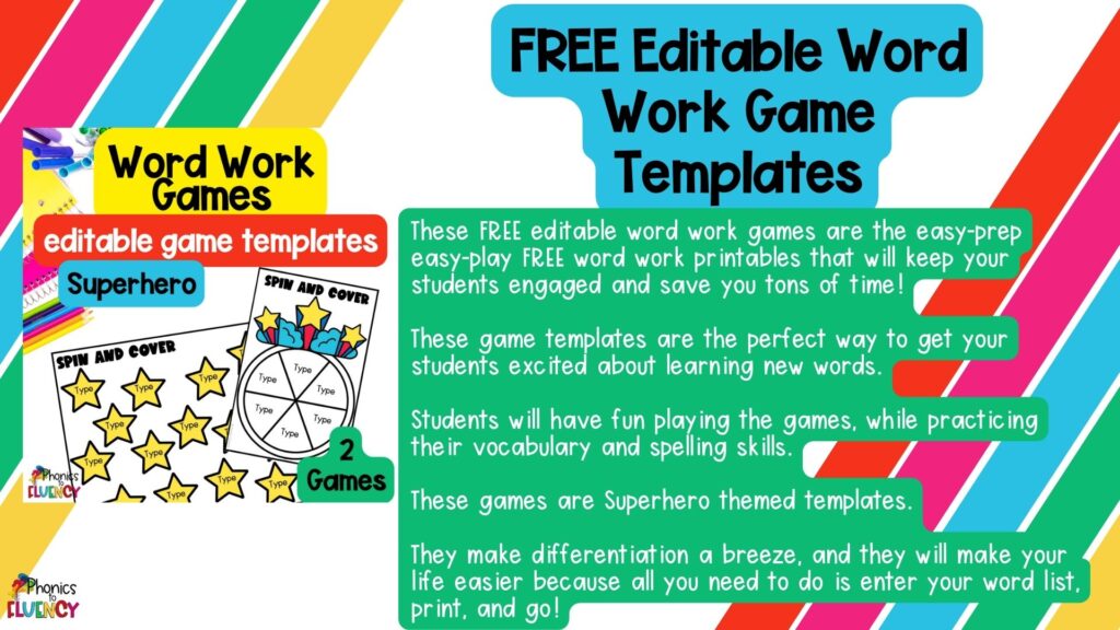 FREE editable word work games with a superhero theme