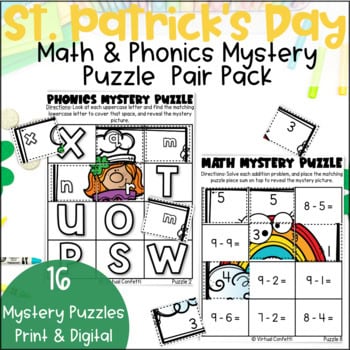 Kindergarten Math and Literacy March Centers Mystery Puzzles Pair Pack