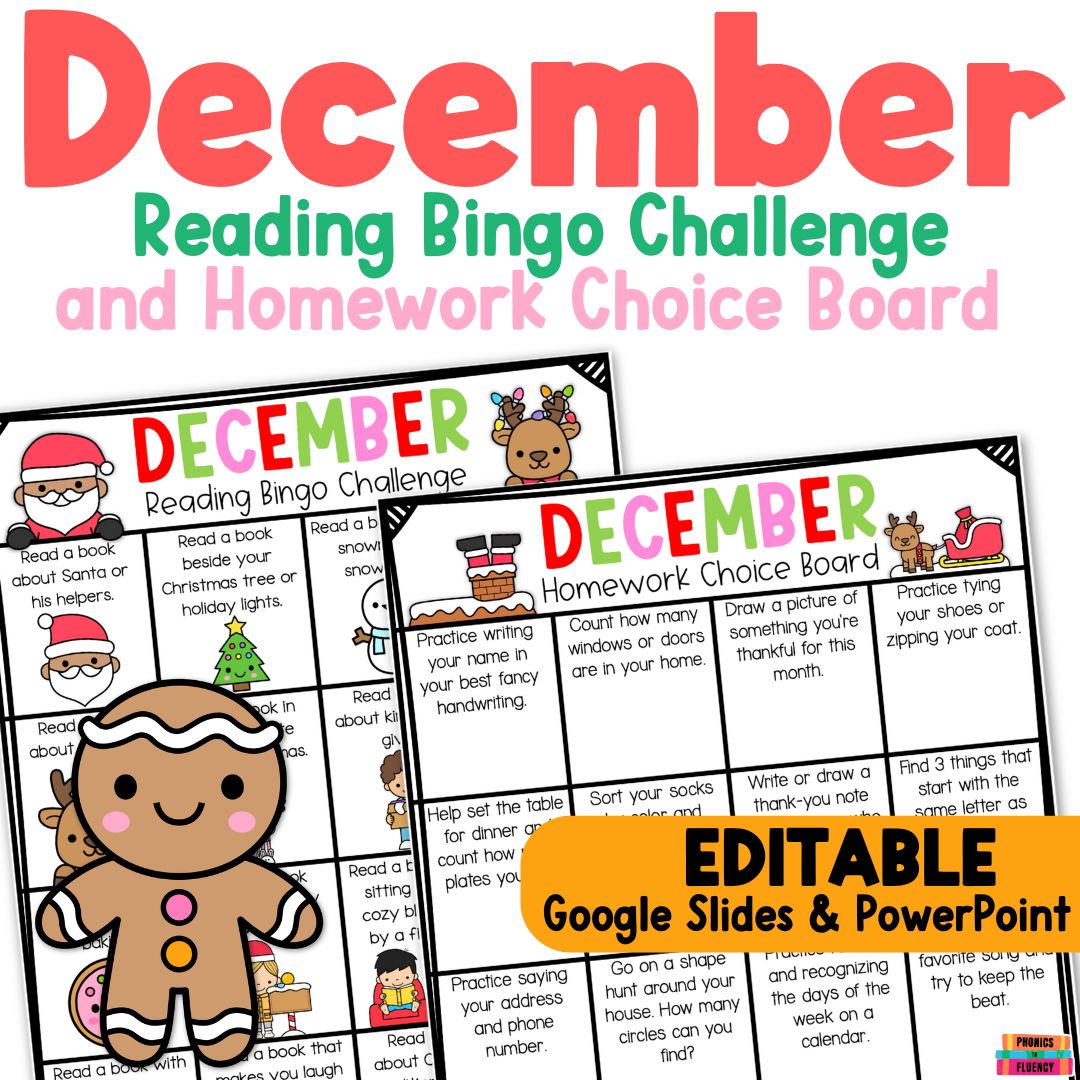 Kindergarten December Reading Log with Parent Signature Homework Choice Board
