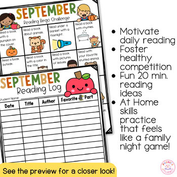 Kindergarten Reading Log with Parent Signature September Reading Log Bingo - Image 4