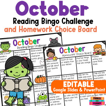 Kindergarten October Reading Log with Parent Signature Homework Choice Board