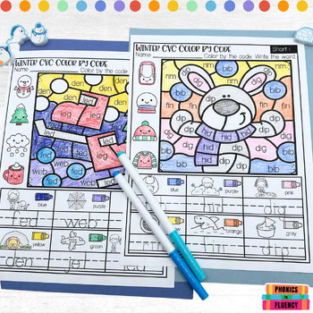 CVC Words Worksheets Coloring Pages Color By Word Code Winter Kindergarten 1st - Image 3