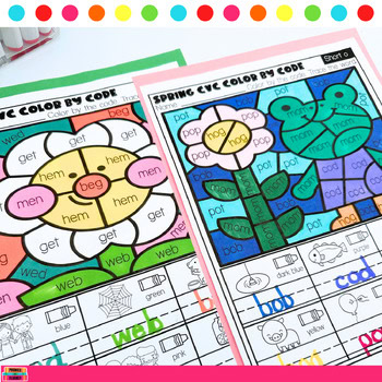 Kindergarten 1st Spring CVC Worksheets Color By Code CVC Spring - Image 2