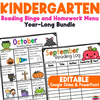 Kindergarten Reading Log Reading Challenge Bingo Homework Choice Menu K-1