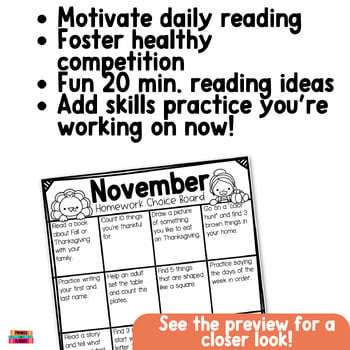 Kindergarten November Reading Log with Parent Signature Homework Choice Board - Image 4