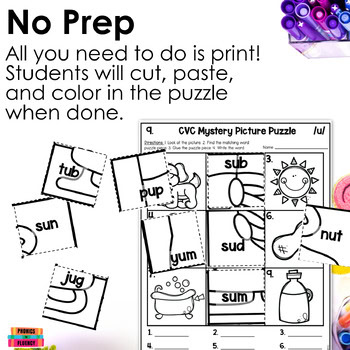 CVC No Prep & Low Prep Mystery Picture Puzzles CVC Literacy Center Kindergarten - Image 3