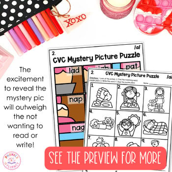 Valentines Day CVC Mystery Picture Puzzles CVC Activities February Kindergarten - Image 4