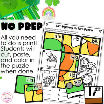 Kindergarten St. Patrick's Day March CVC Activities Mystery Picture Puzzles - Image 3