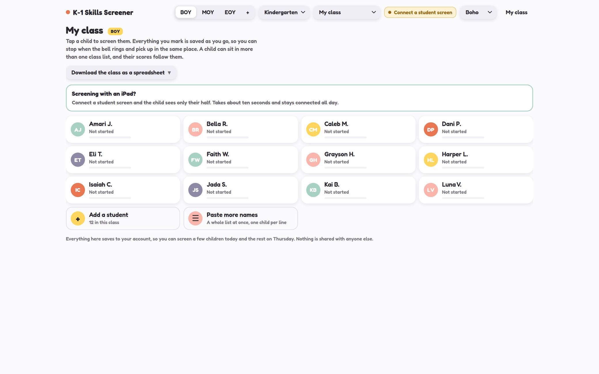 The screener class list showing twelve children and a prompt to connect a student screen
