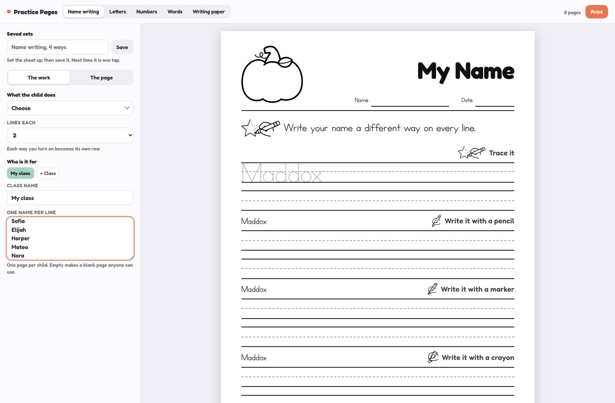 Practice Pages with eight names typed in and a finished page beside it
