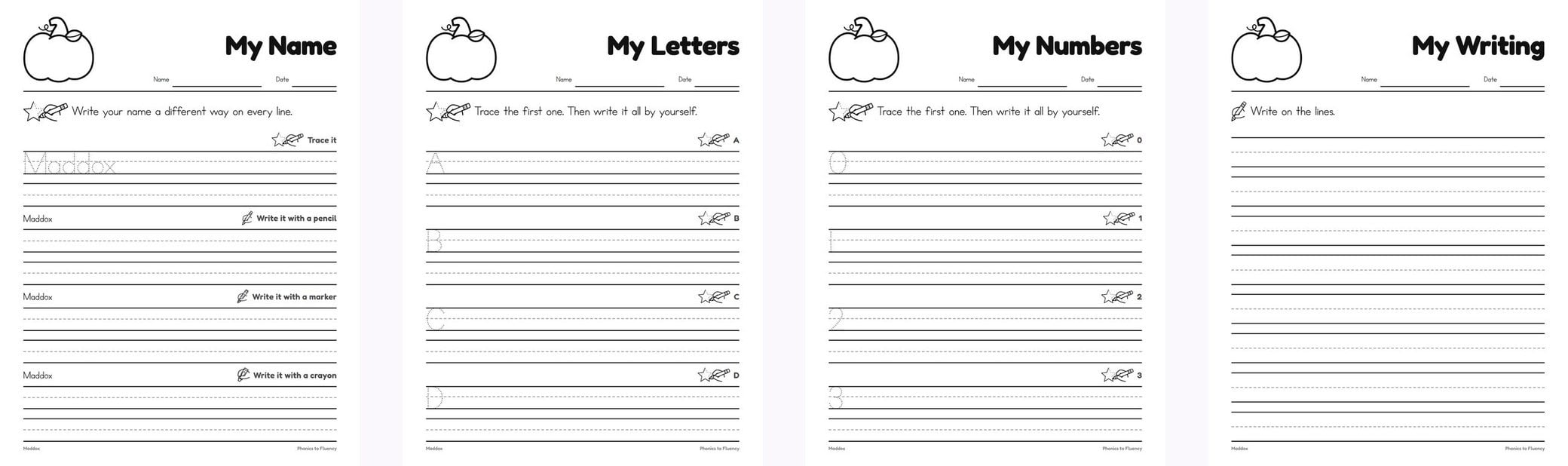 Four whole printable pages side by side: My Name, My Letters, My Numbers and plain writing paper, each with a pumpkin topper and name and date lines