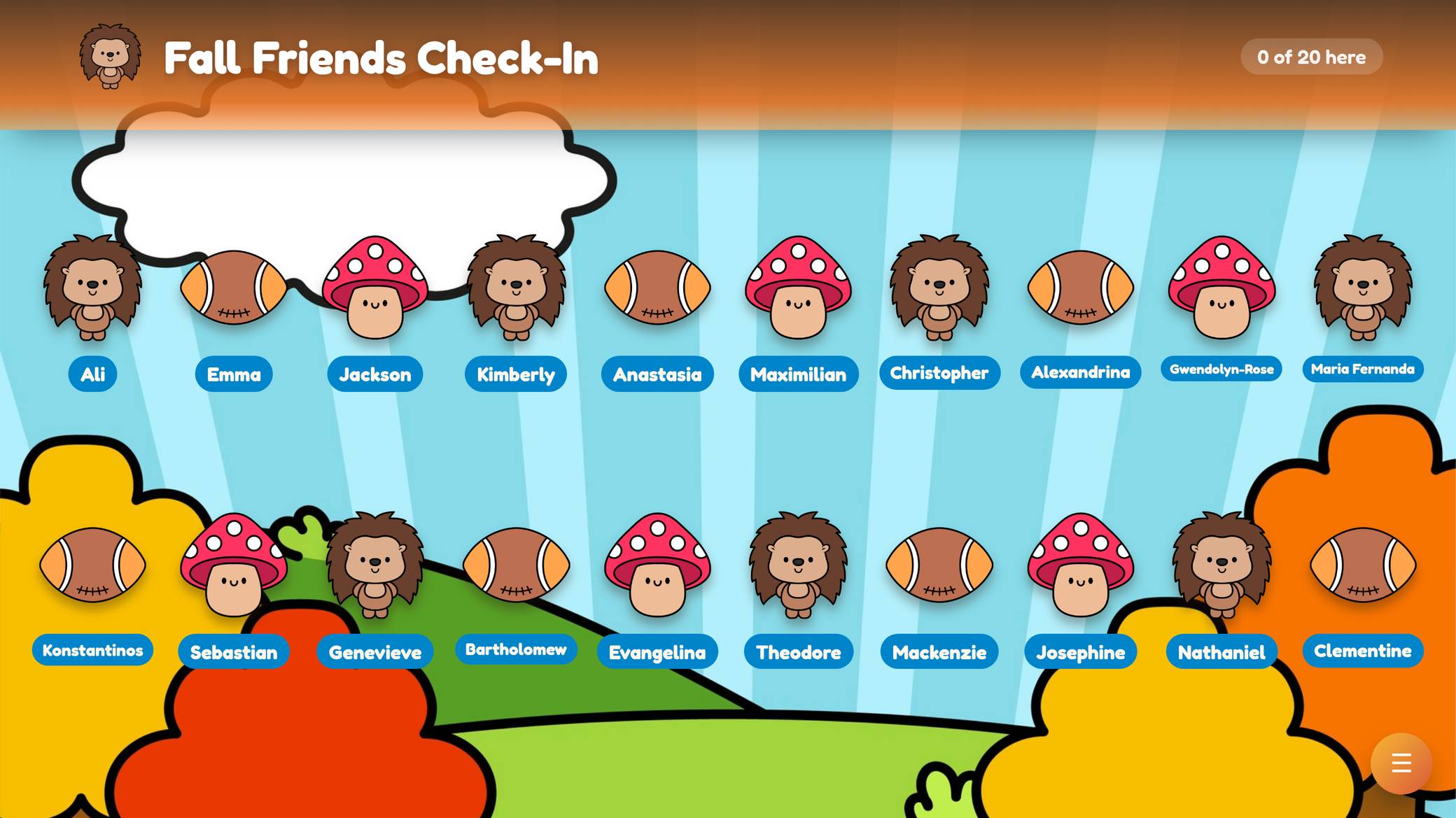 Fall Friends check-in board with the whole class on screen as hedgehogs, mushrooms and footballs