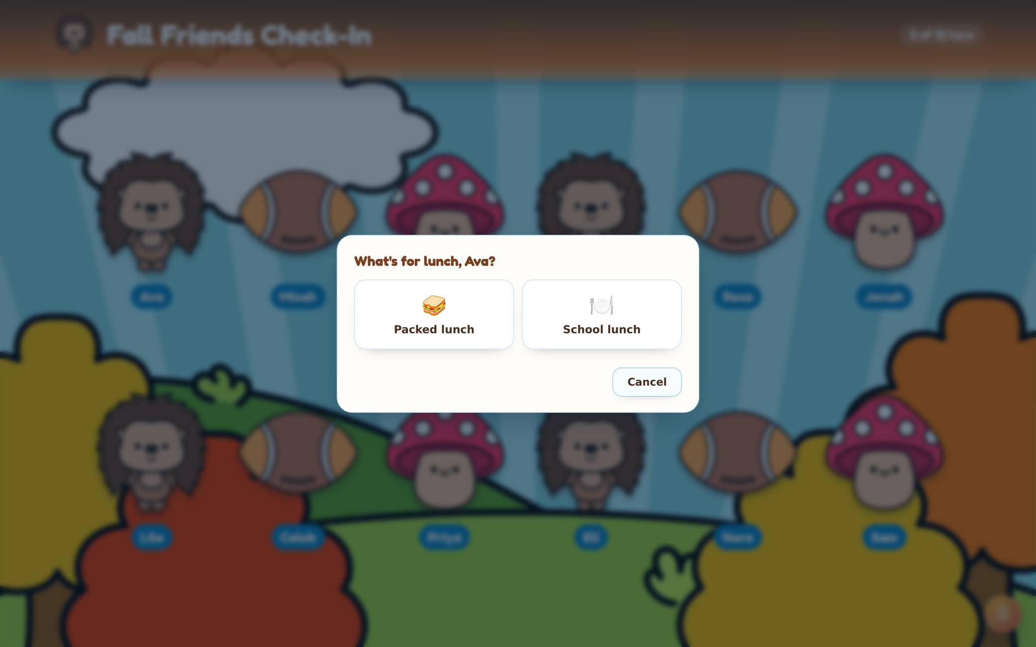 The lunch count question, What's for lunch Ava, with Packed lunch and School lunch as big picture buttons