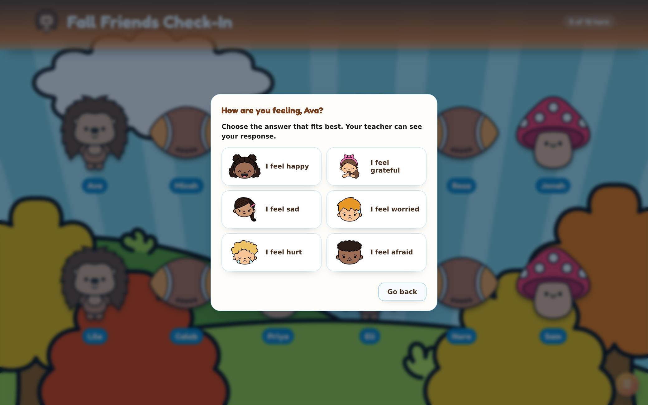 The feelings check-in, How are you feeling Ava, with six faces: happy, grateful, sad, worried, hurt and afraid