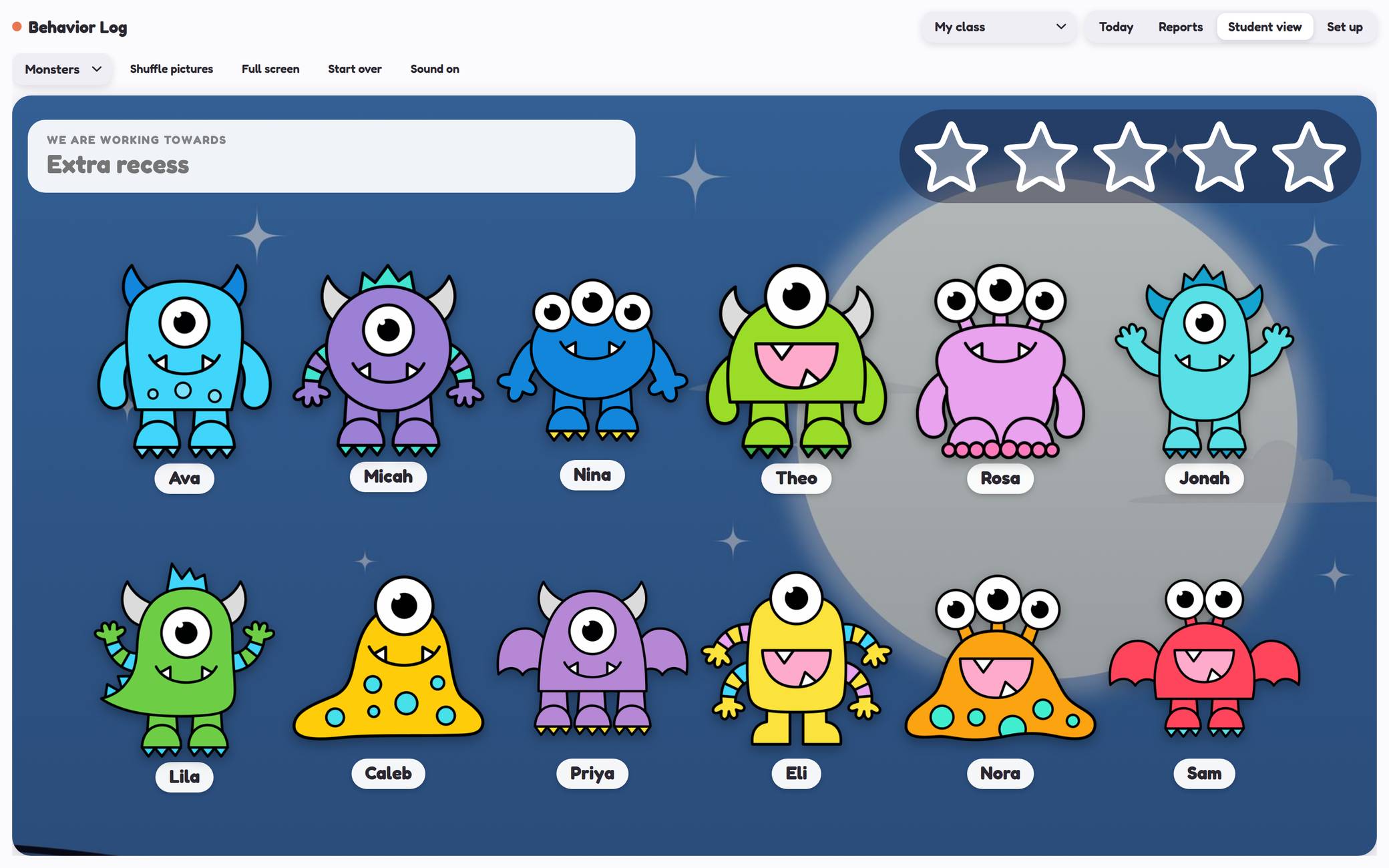 The class-facing reward board: a night sky with a monster for every child and five stars to earn
