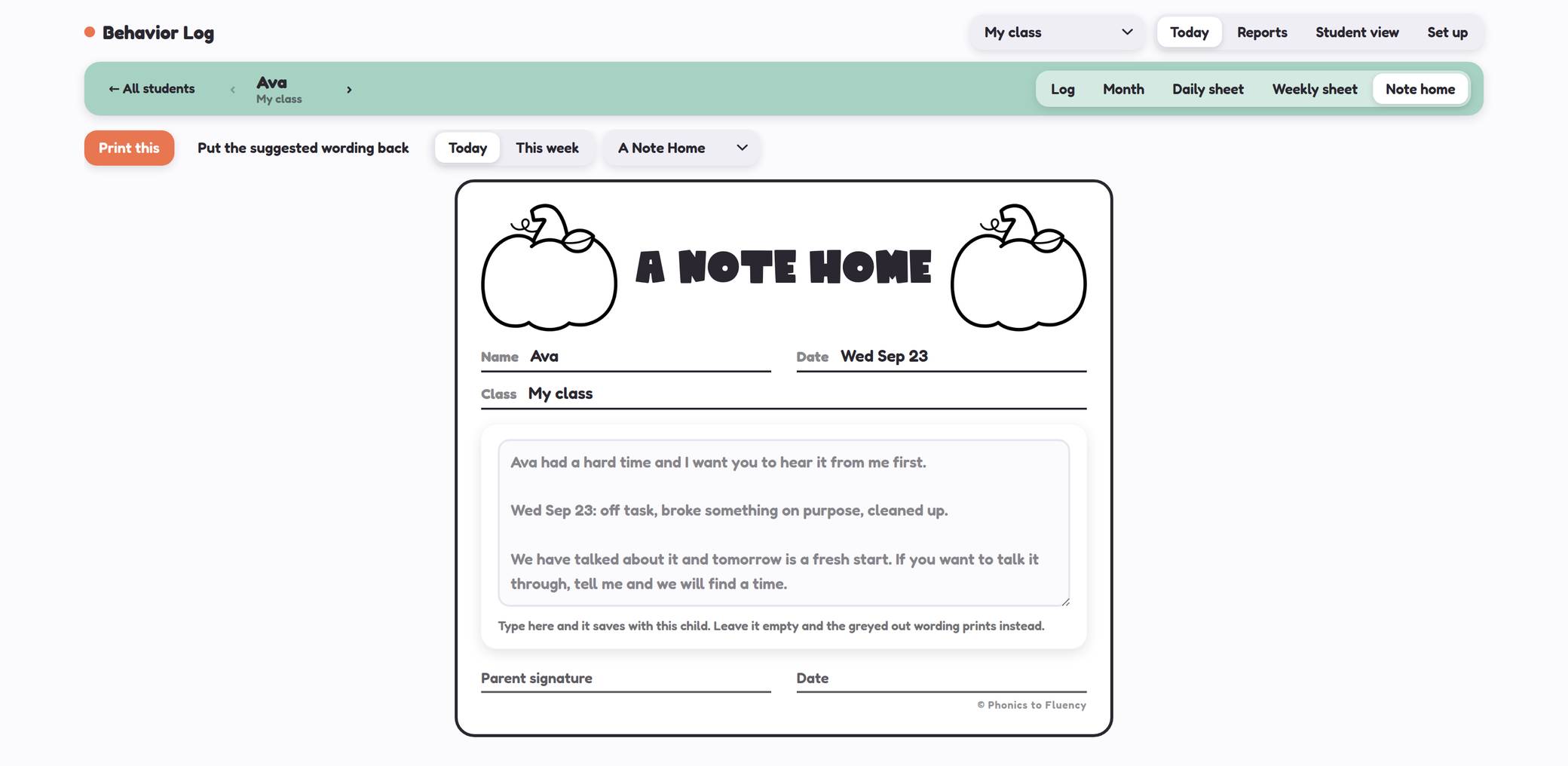 A Note Home with a pumpkin topper, the child's name and date filled in, wording already written, and parent signature lines