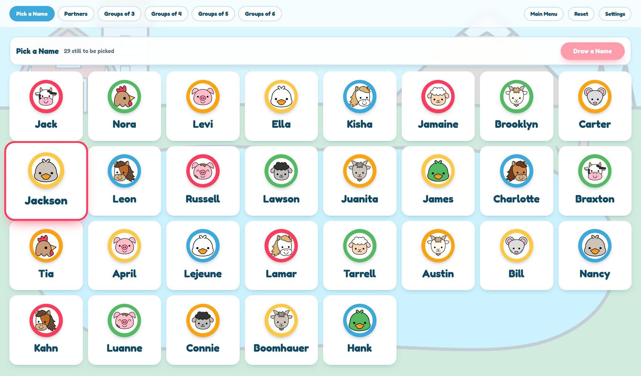 Name picker with the whole class on screen and one name drawn