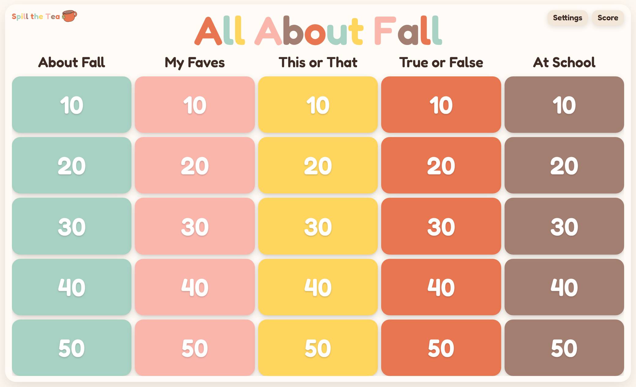 The Spill the Tea board with five categories