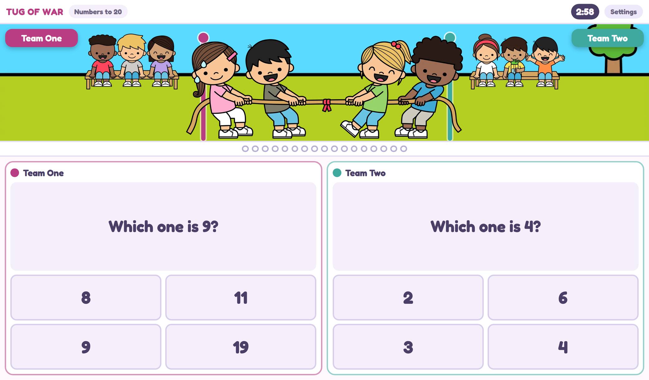 Tug of War with two teams answering a shapes question