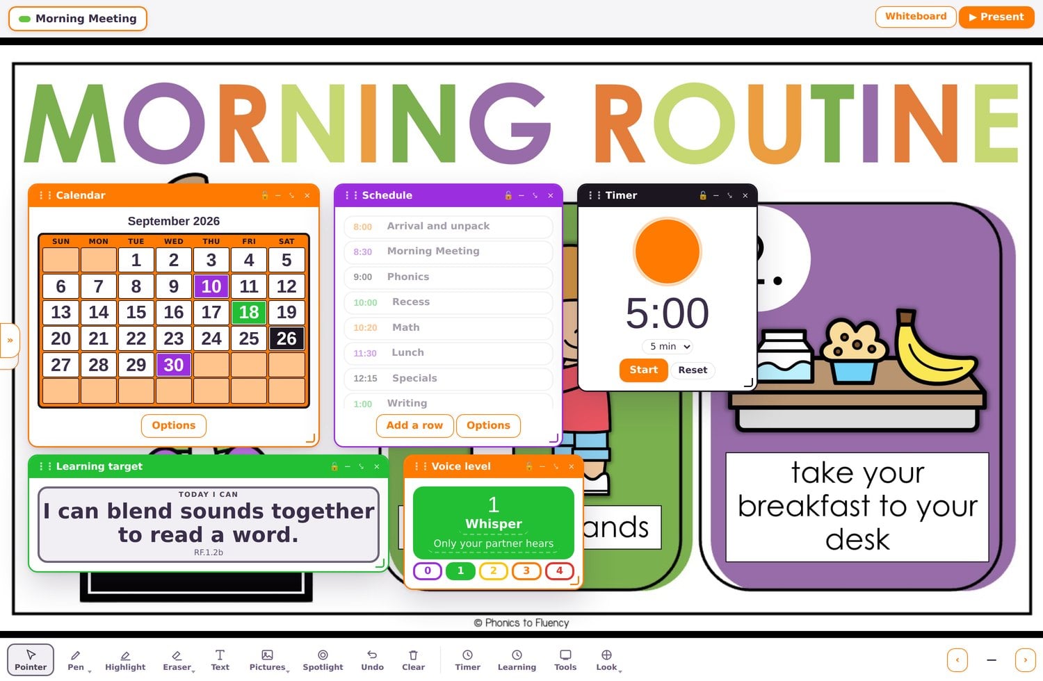 The Classroom Board with a calendar, schedule, timer and voice level on top of the teacher's slides